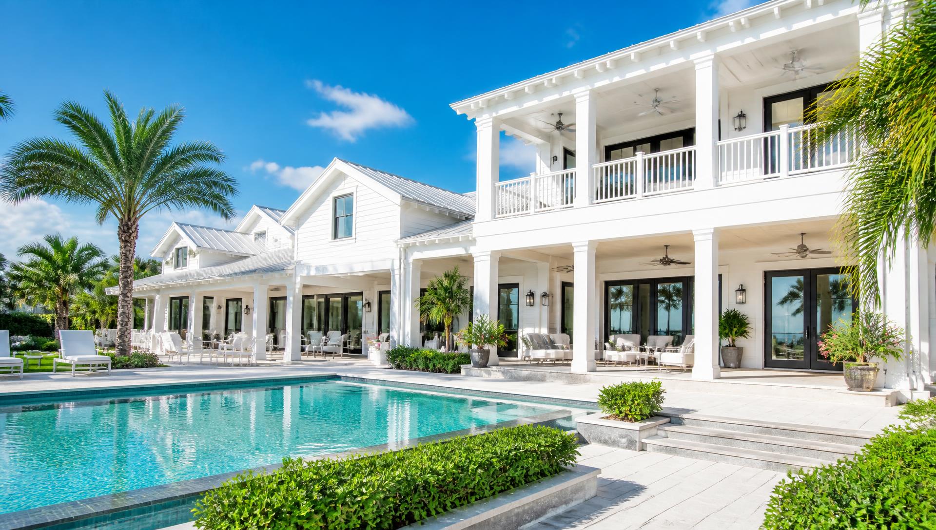 Bright white coastal vacation home with palms and a pool on the Florida Gulf Coast